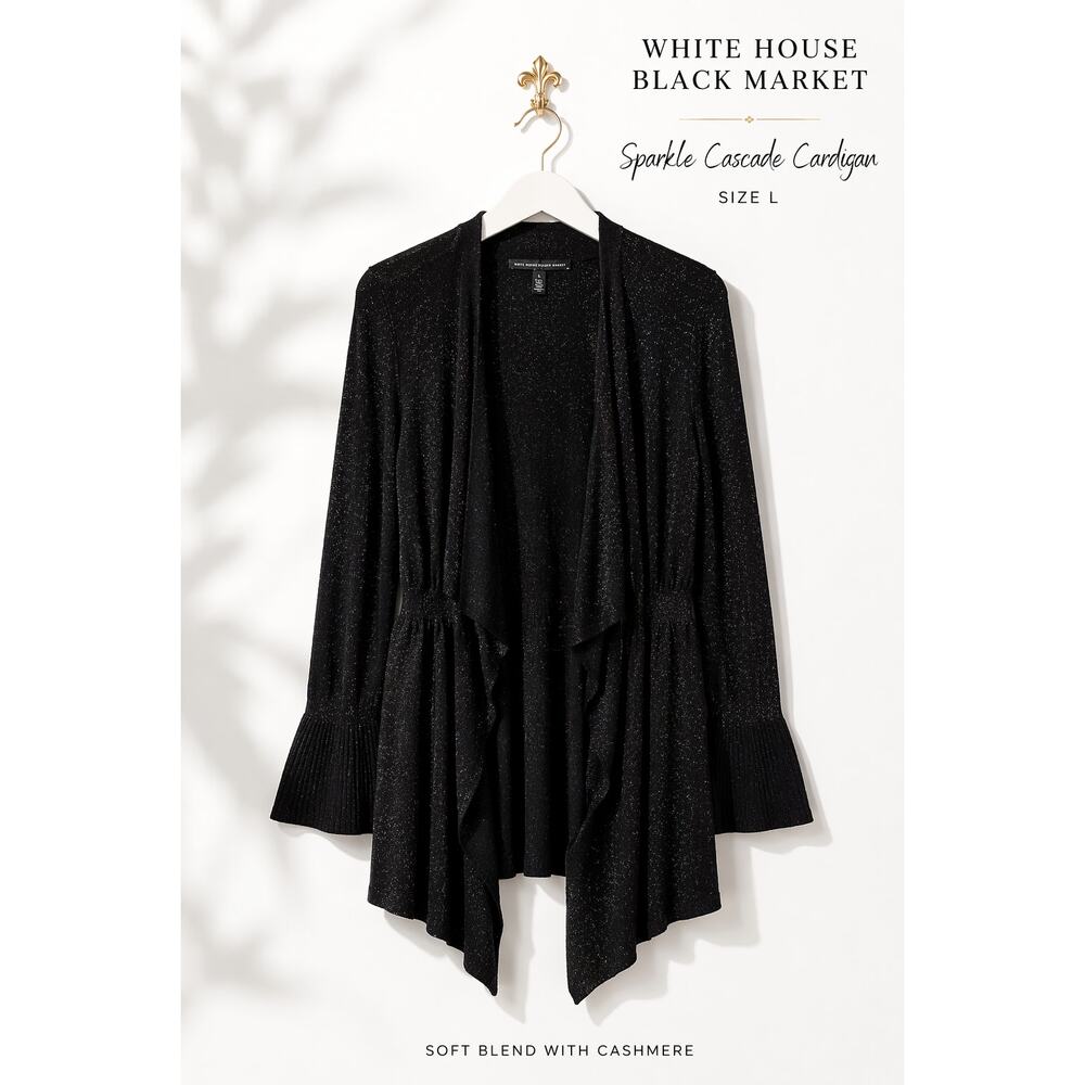 WHBM Black Sparkle Cardigan Large Draped Open Front Bell Sleeve